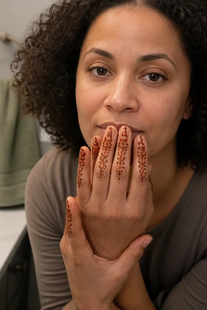 A half paisley shape framing the finger with light dot filling