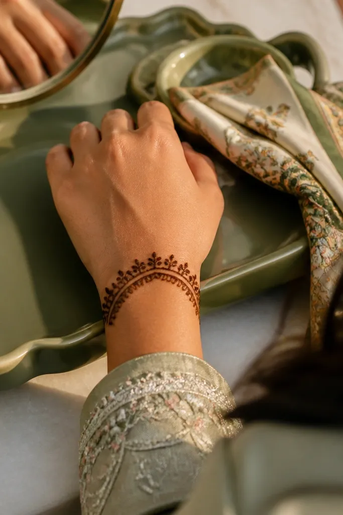 Wrist band mehndi with short spike dots along the curve