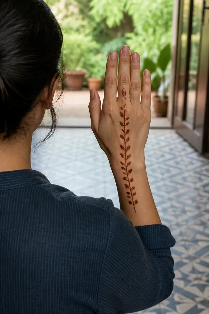 Back hand with a vertical ladder of small leaves