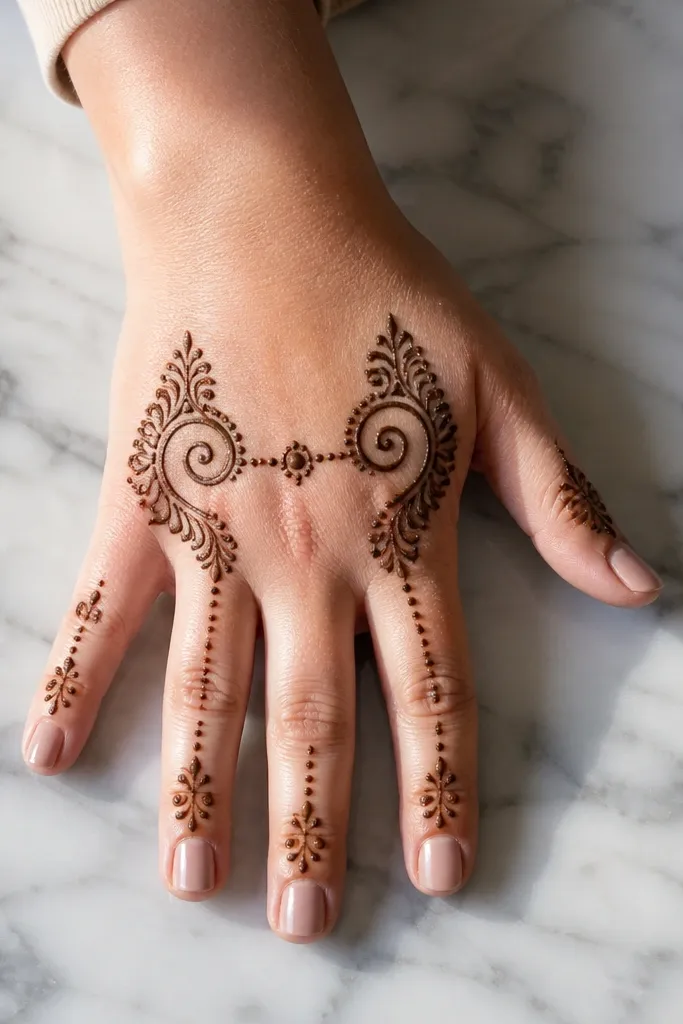 Two mirrored swirls on back hand with dots bridging the center
