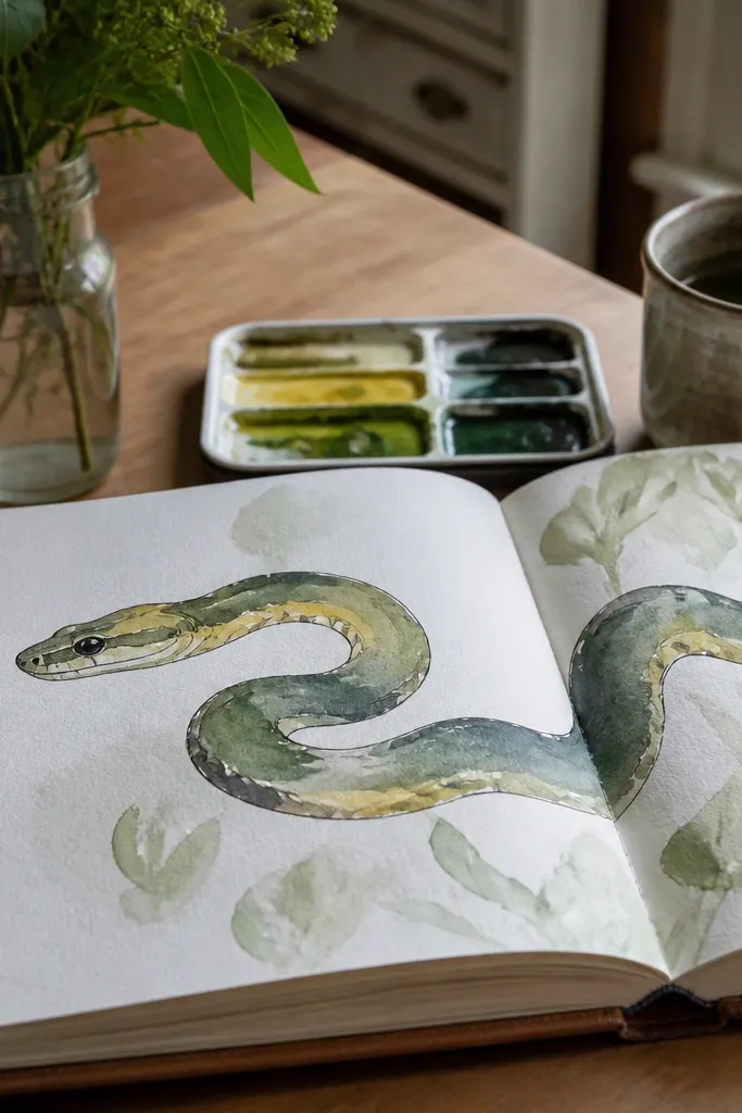 Snake with a watercolor wash body and dark ink outline