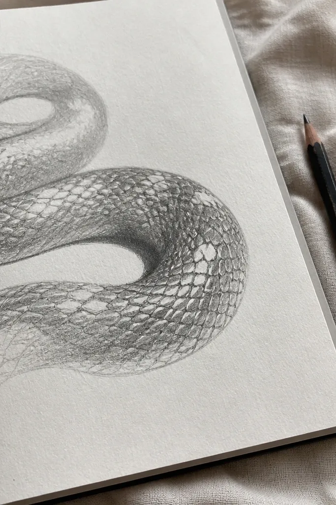 Pencil shaded snake with lighter highlight gaps on the body