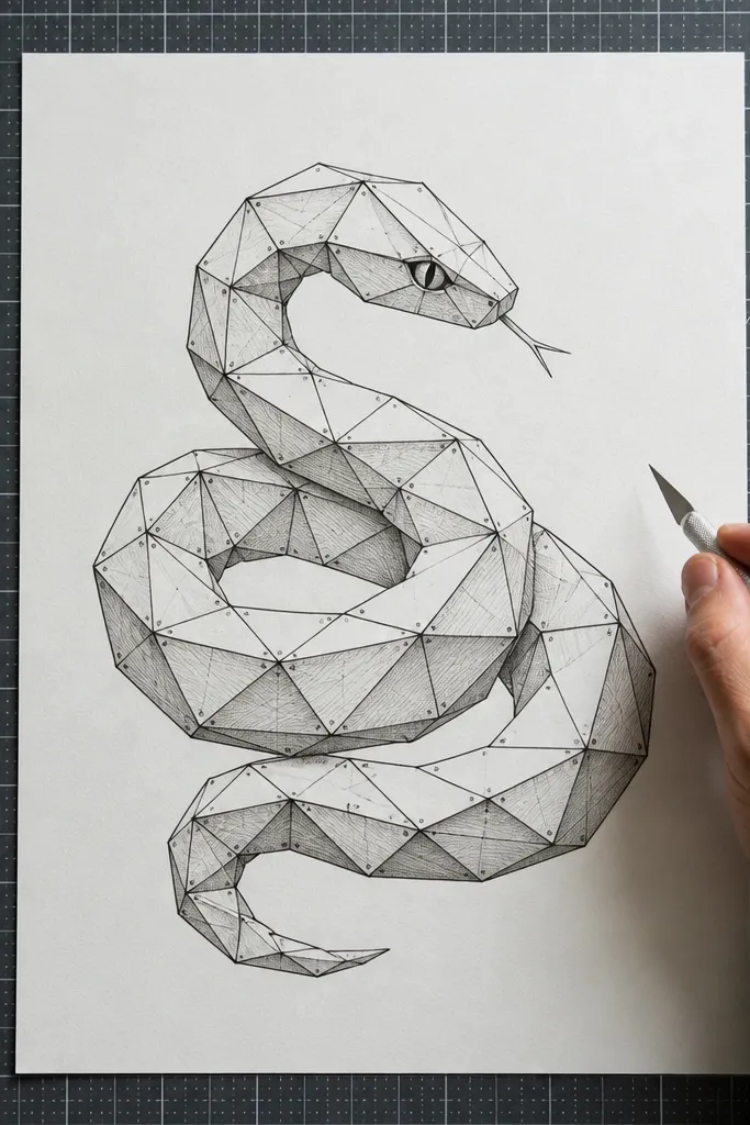 Snake divided into geometric sections with sharp fold lines