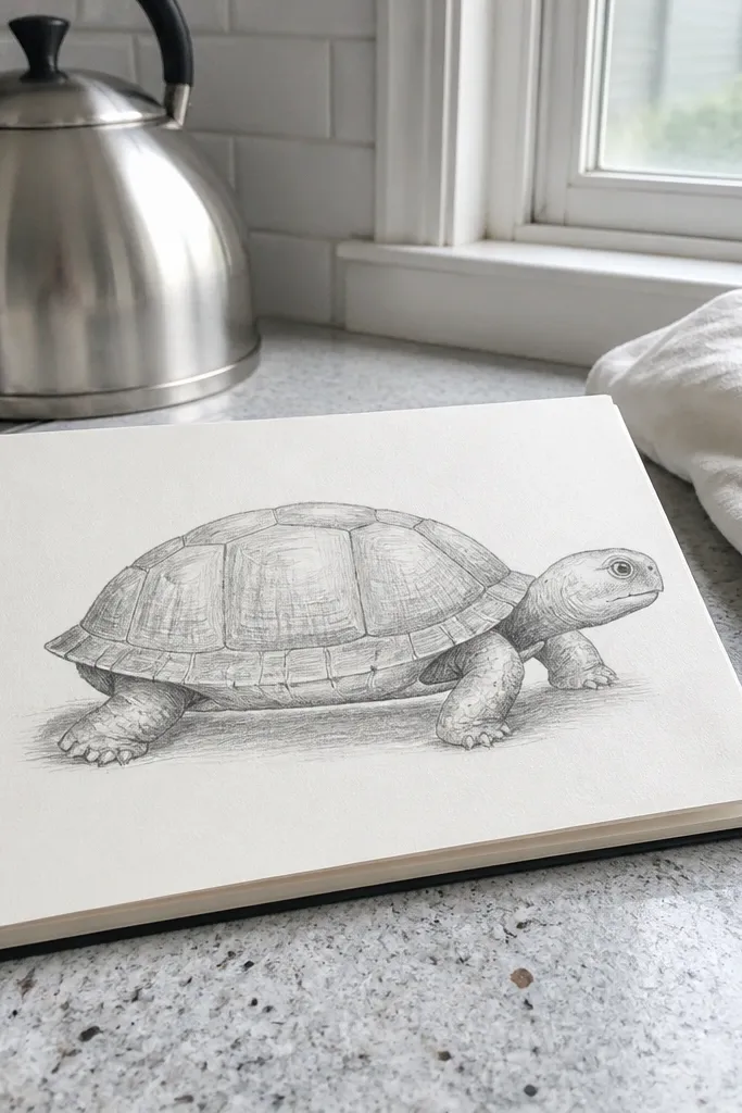 Side turtle with oval shell, small head sticking out, and four rounded legs