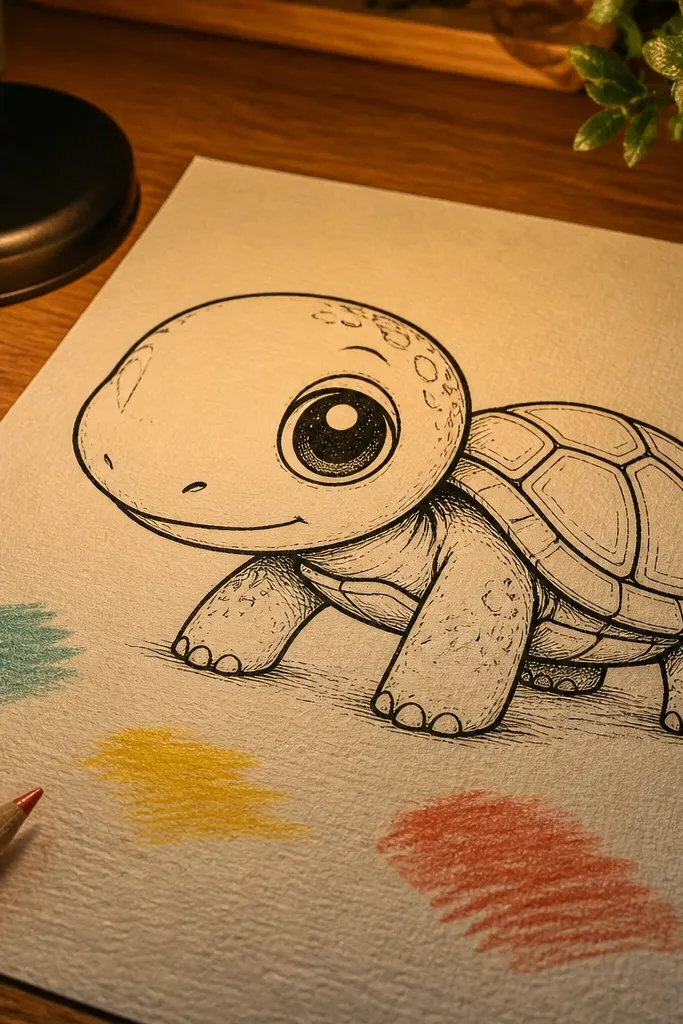 Cute cartoon turtle with a rounded shell and a large eye on the head