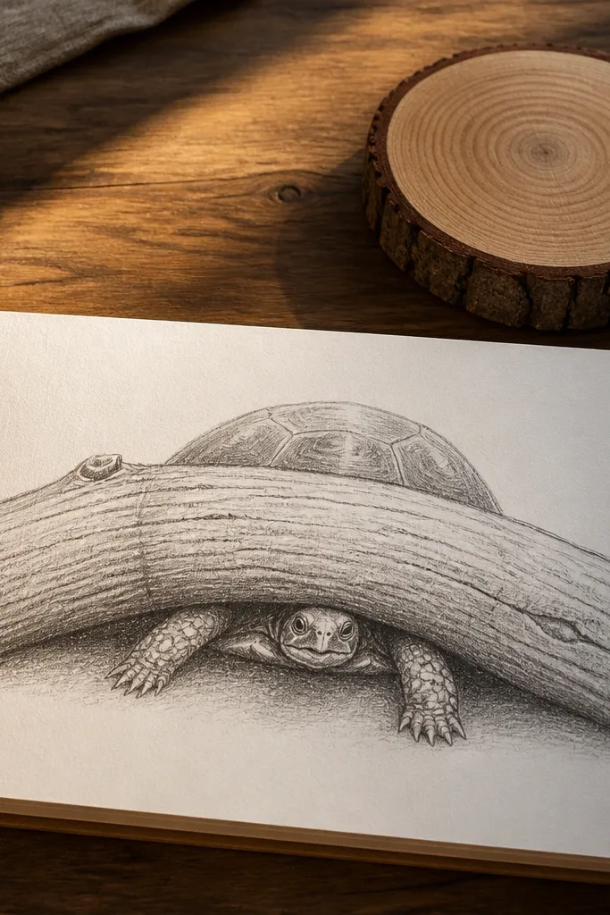 Turtle head and legs emerging from a curved log with simple shell lines