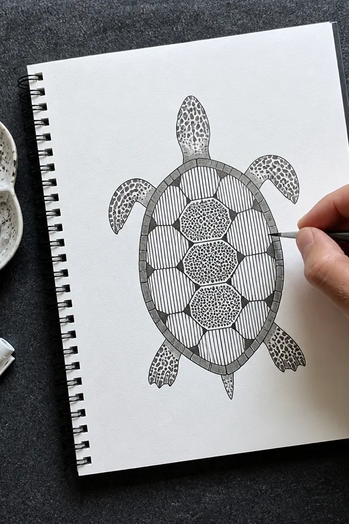 Turtle shell with alternating dot and stripe patterns and a simple head