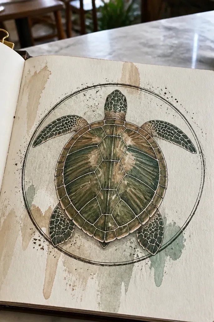 Turtle centered inside a circle border with simple scute lines