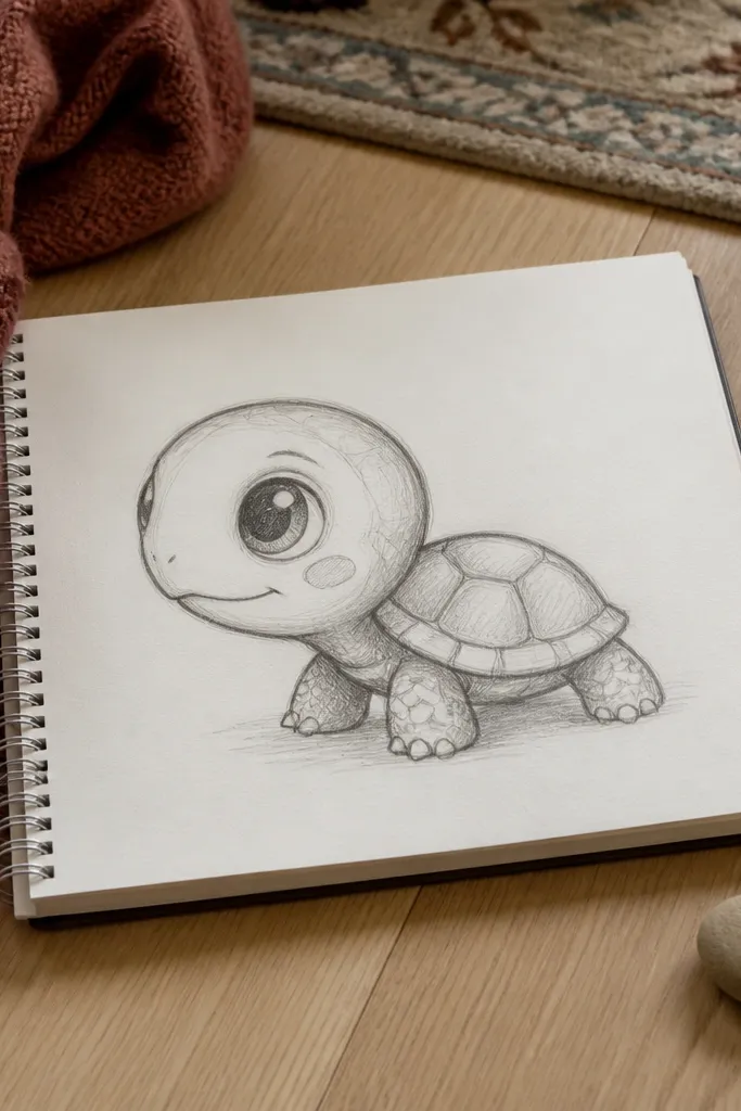 Small baby turtle with a smaller shell, round head, and stubby legs