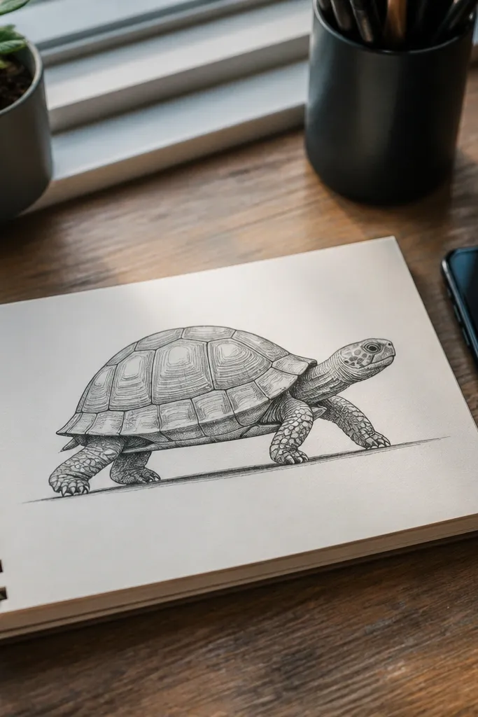 Side turtle mid-step with one leg forward and simple shell segments