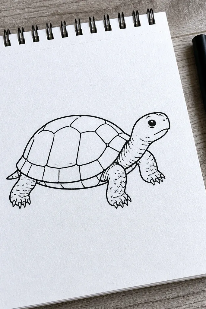 Minimal turtle sketch in black ink with bold outline and 5 scute lines