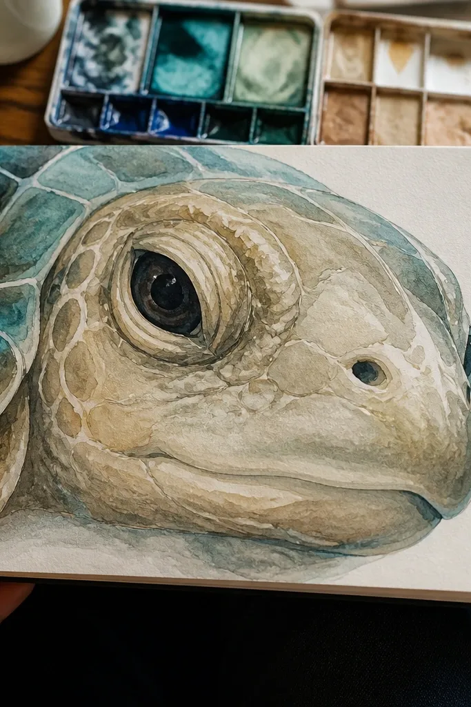 Close turtle face with eye and mouth, plus a partial shell border behind