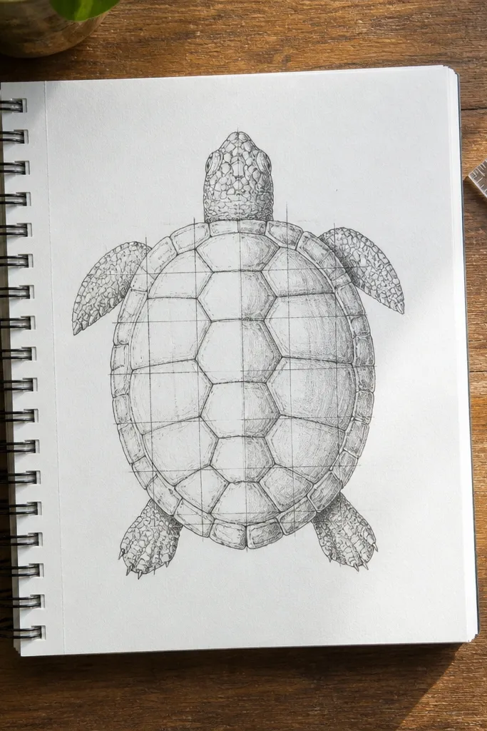 Turtle outline with grid lines used as guides and symmetric shell segments