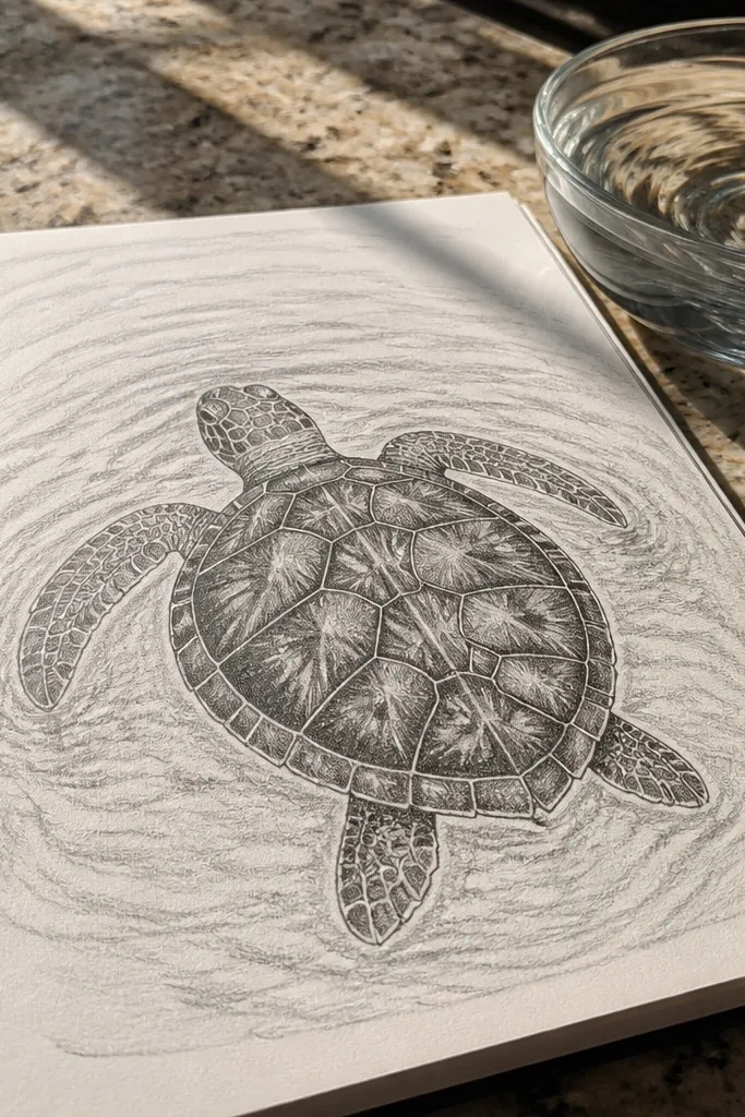 Side turtle on water with curved ripple lines behind and simple shell scutes