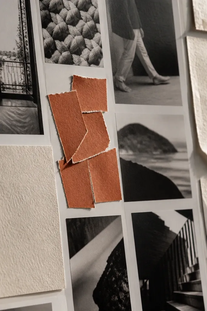 Cream background with black magazine cutouts in a grid and one rust-colored label strip