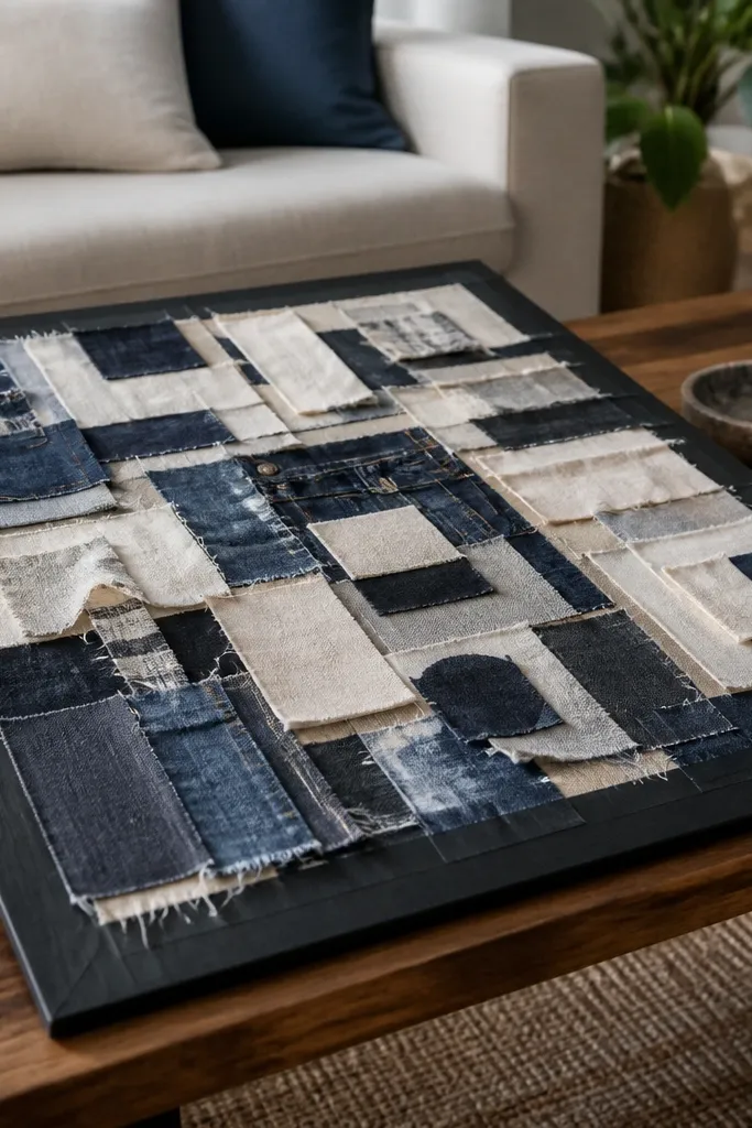 Mixed fabric scraps arranged in a collage inside a crisp black tape border