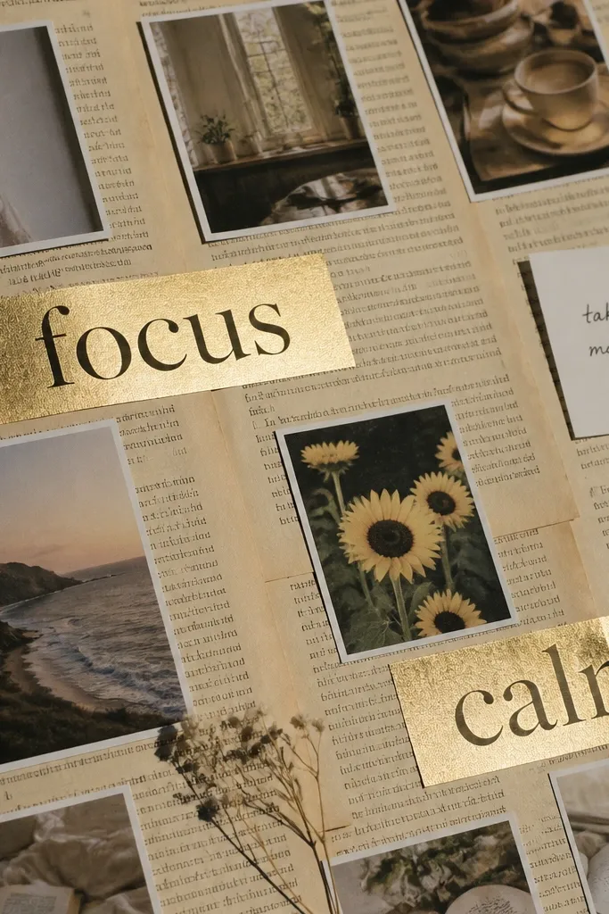 A background of aged book pages with gold foil cutout words layered on top