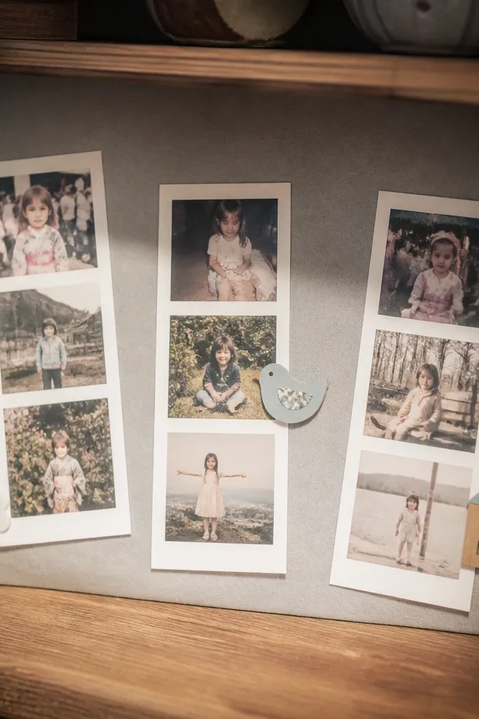 Multiple small strips with white borders arranged like polaroids on a neutral background