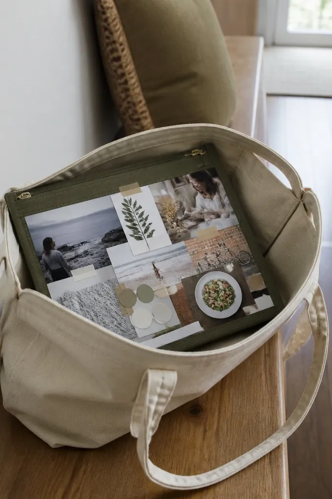A small canvas tote-style board with layered cutouts and a zipper pouch backing