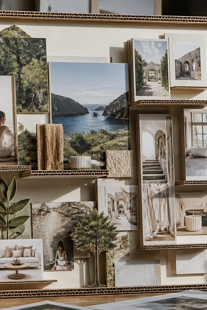 Cardboard vision board with layered paper cutouts creating a shadowbox depth effect