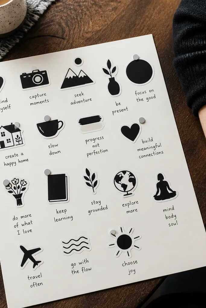 Monochrome sticker icons with handwritten captions in neat lines on a light background