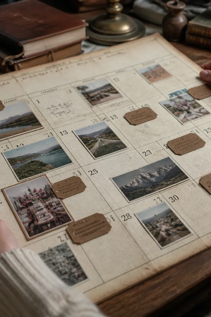 An old calendar page turned into a timeline with small ticket tags and anchors