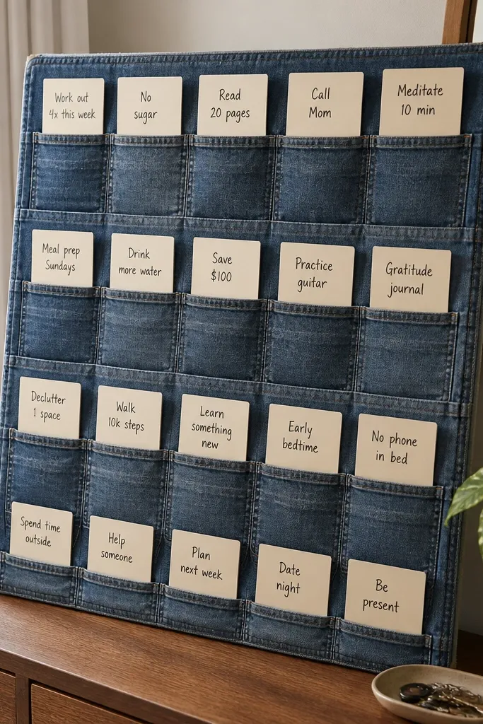 A small denim fabric board with stitched pockets holding mini goal cards and a few cutouts