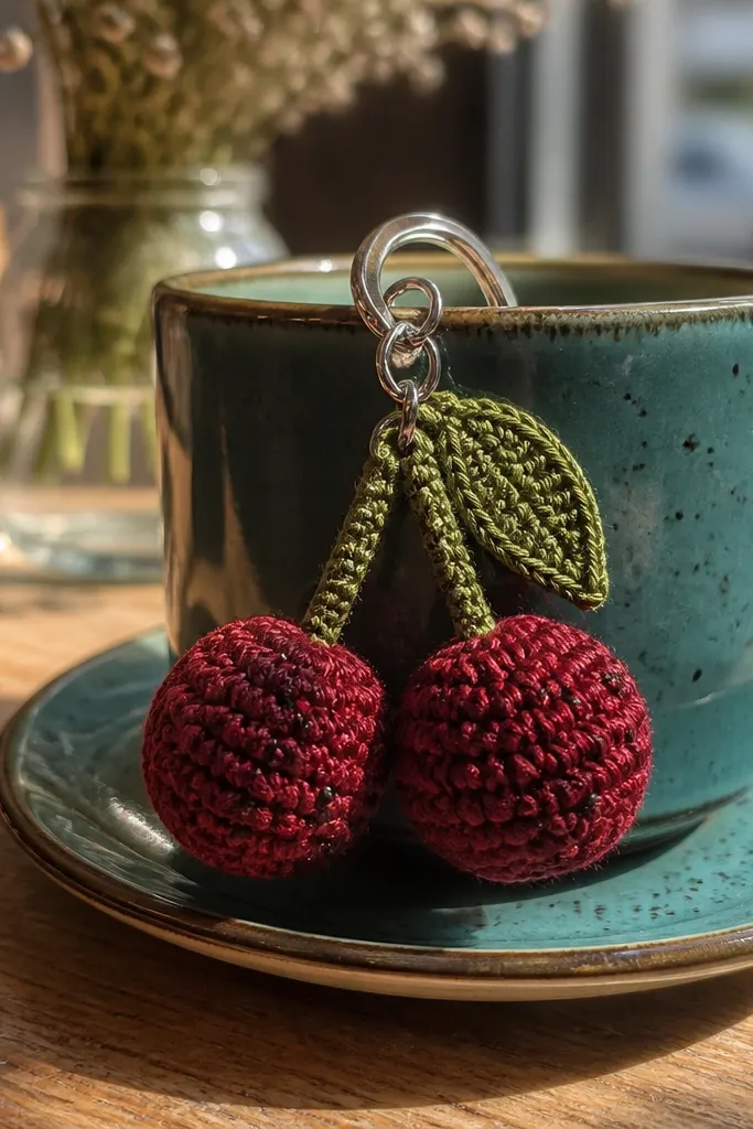 Two red crocheted cherries with tiny black seed dots and a green leaf loop.