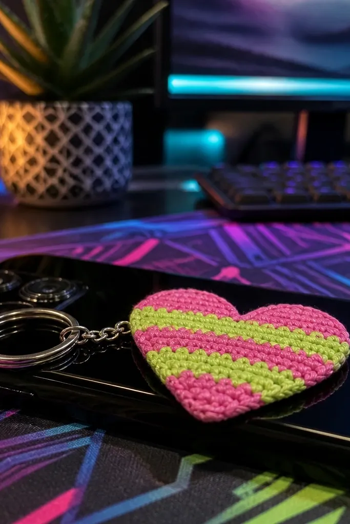 A bright striped crocheted heart keychain in pink and neon yellow with a loop ring.