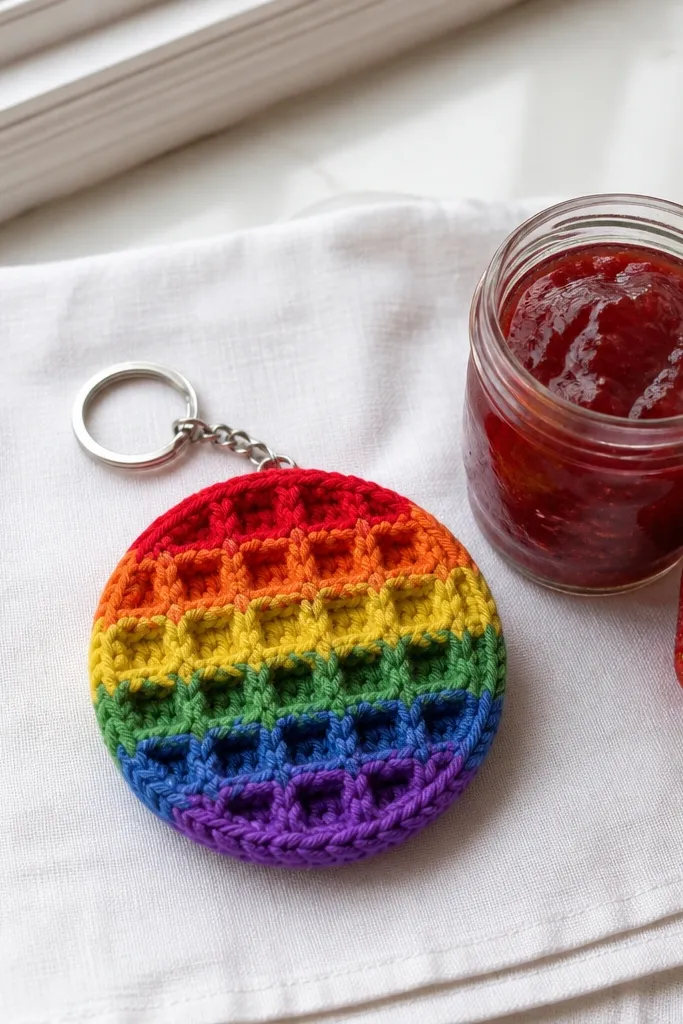 A small crocheted waffle square with rainbow stripes and a key ring loop.