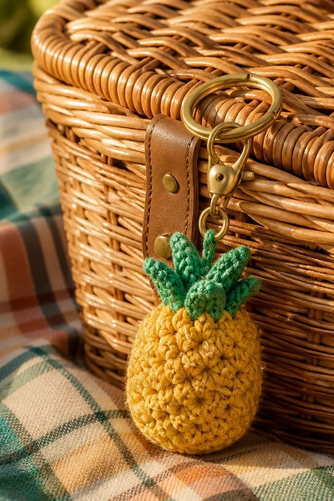 A yellow pineapple keychain with green leaf stitches and tiny bead details.