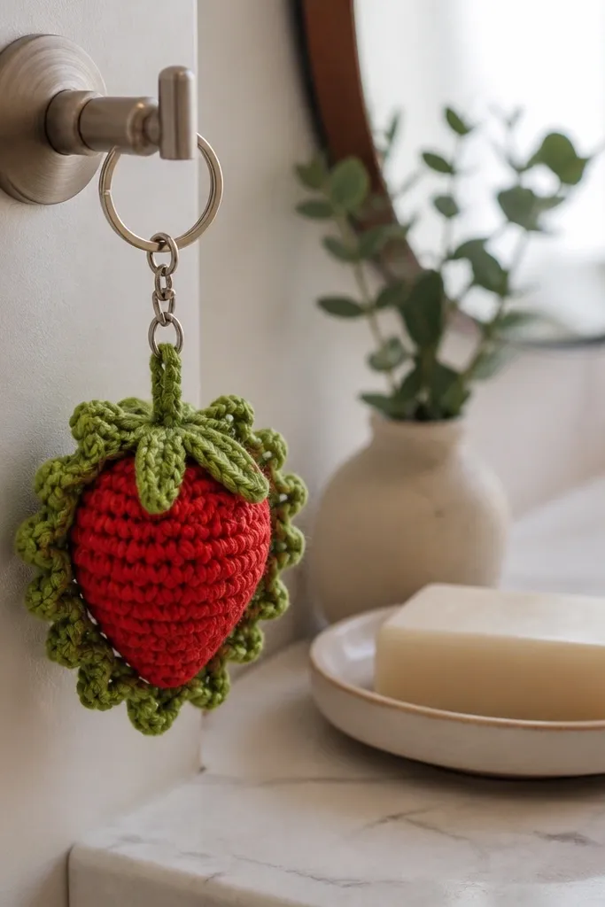 A chunky red strawberry keychain with a green leafy top and short fringe.
