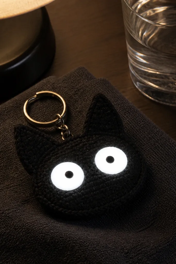 A black crocheted cat keychain with big white eyes and a small yarn tail.