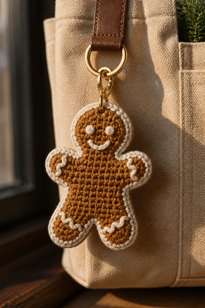 A gingerbread man keychain with tan body and white stitched outline details.