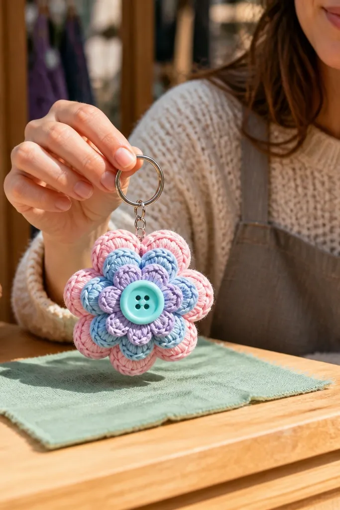 A pastel crocheted flower keychain with layered petals and a small button center.