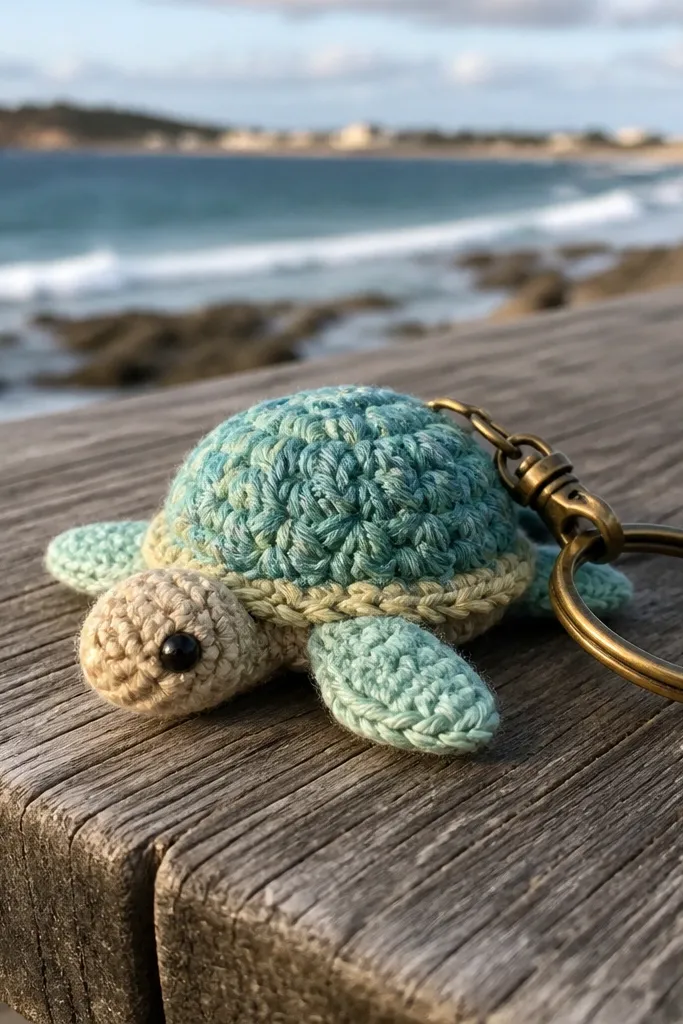 A crocheted sea turtle keychain with textured shell stitch and small flippers.