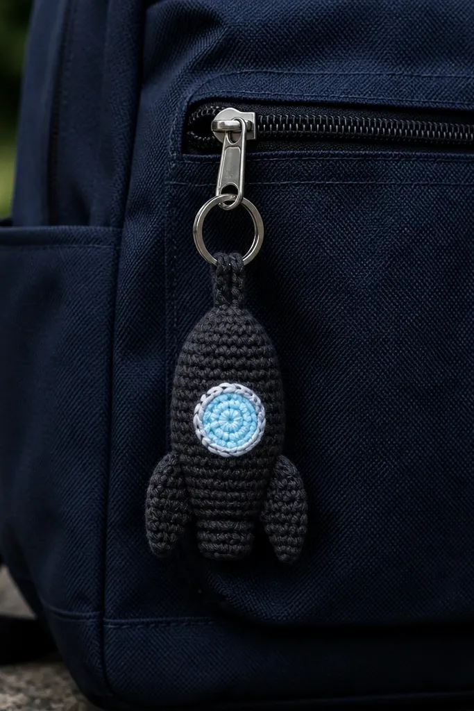 A small crocheted rocket keychain with a white window panel and red body.