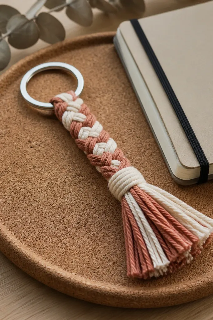 A braided yarn tassel keychain with two-tone strands and a metal key ring.
