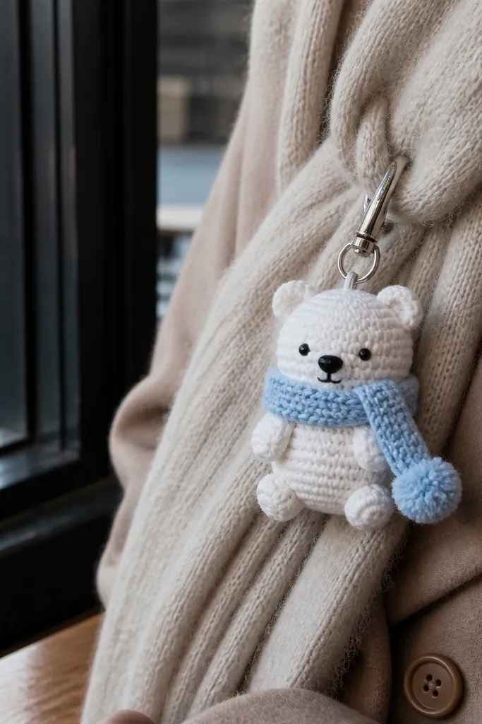 A white crocheted polar bear keychain wearing a gray scarf with a tiny pom.