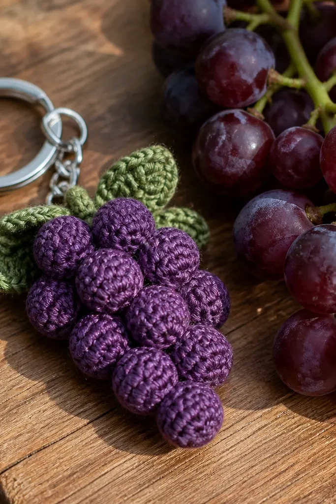 A small purple grape cluster keychain with bumpy round grapes and a green stem loop.