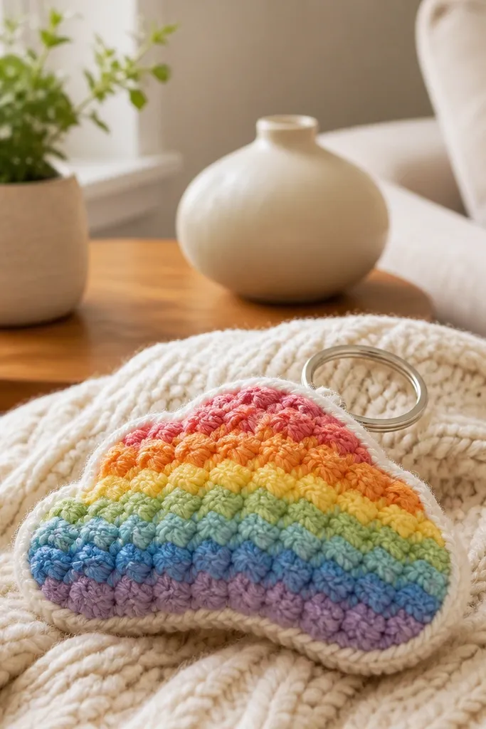 A crocheted cloud keychain with puff stitch texture and rainbow stripes along the base.