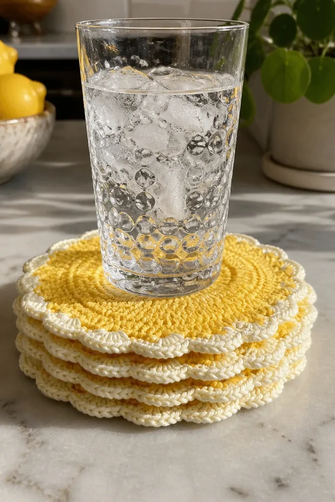 Four yellow scalloped crochet coasters with white edging