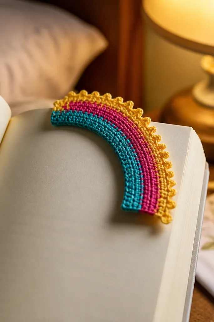 Thin rainbow crochet bookmark with tiny picot trim