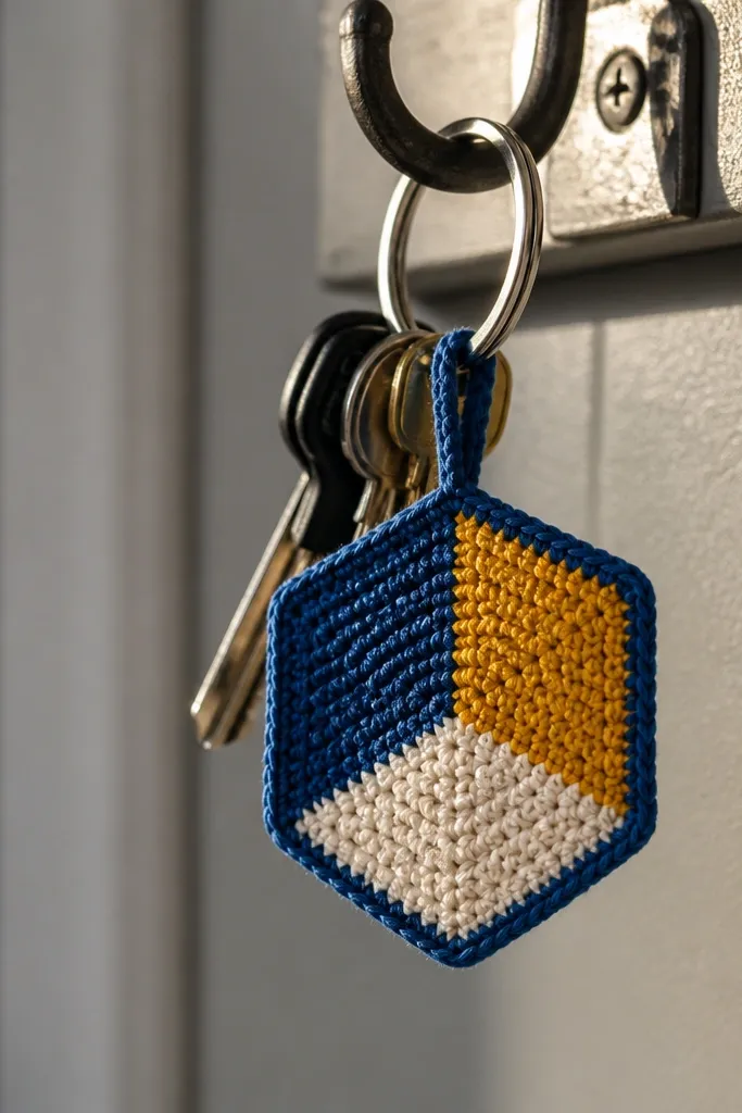 Small hexagon crochet keychain with three solid color panels