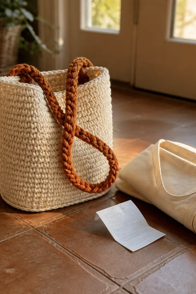 Small crochet pouch bag with a twisted strap in neutral yarn