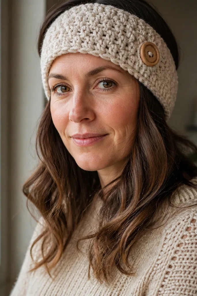 Chunky crocheted headband in oatmeal with a small button