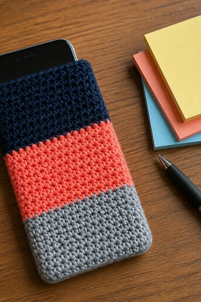 Two-tone crochet phone sleeve with a snug flap and clean border
