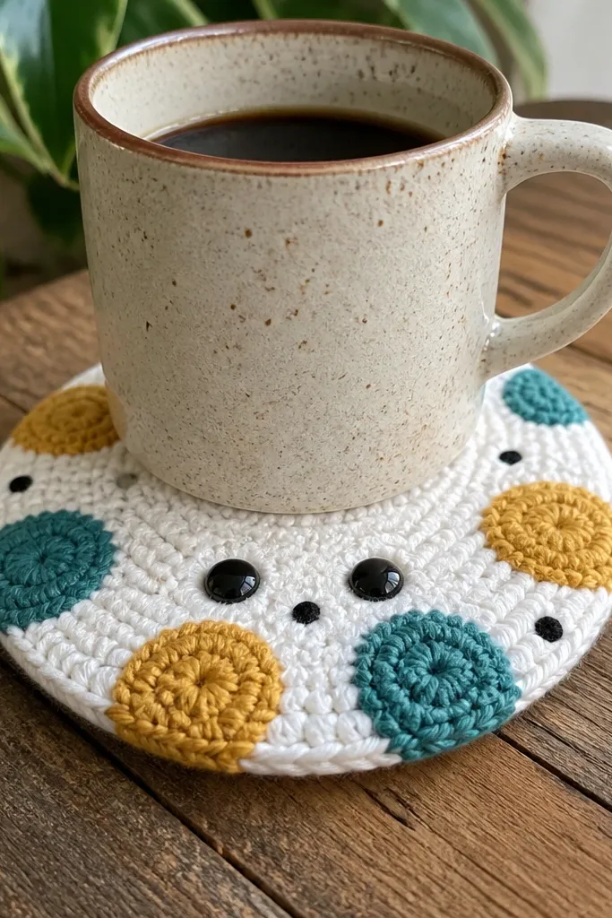 Round crochet coaster with two yarn-dot eyes and contrasting dots