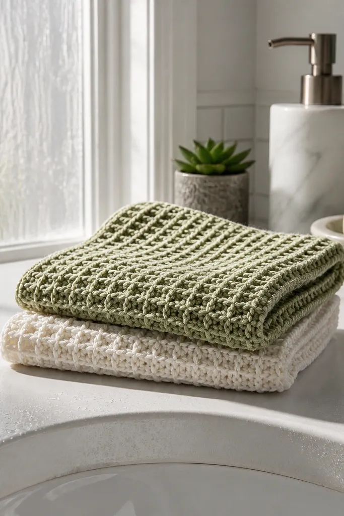 Two-color waffle crochet washcloth with a textured grid pattern