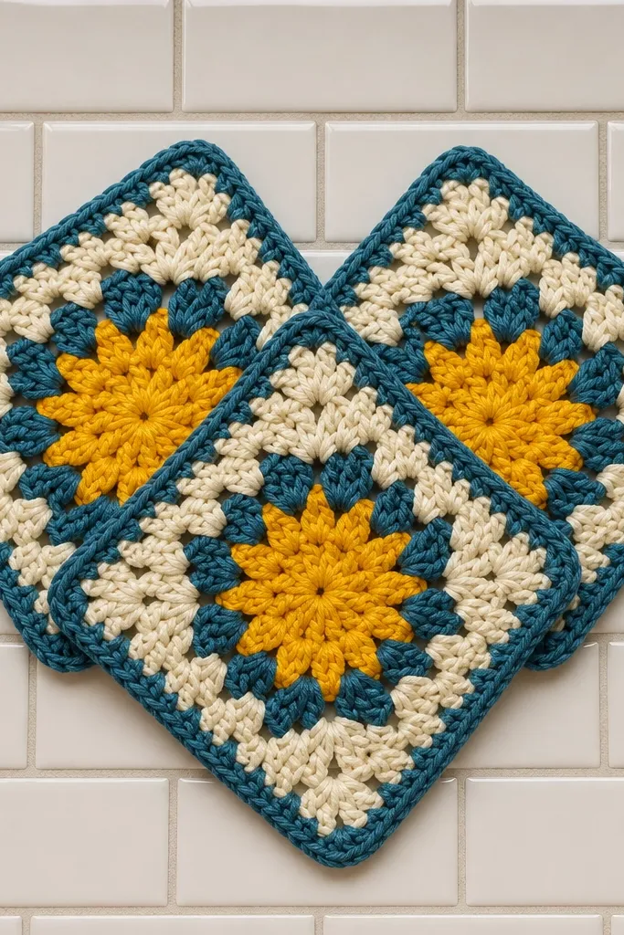 Three small granny square washcloths with starburst center